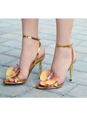 Gold High Heel Sandals Womens Size 9 (40) 4.4" Orchid Flower night out party